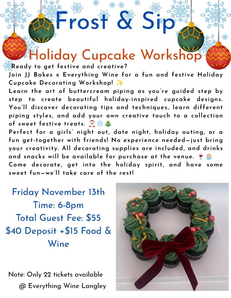Frost and Sip holiday cupcake workshop poster with a cupcake wreath, November 13 at Everything Wine Langley